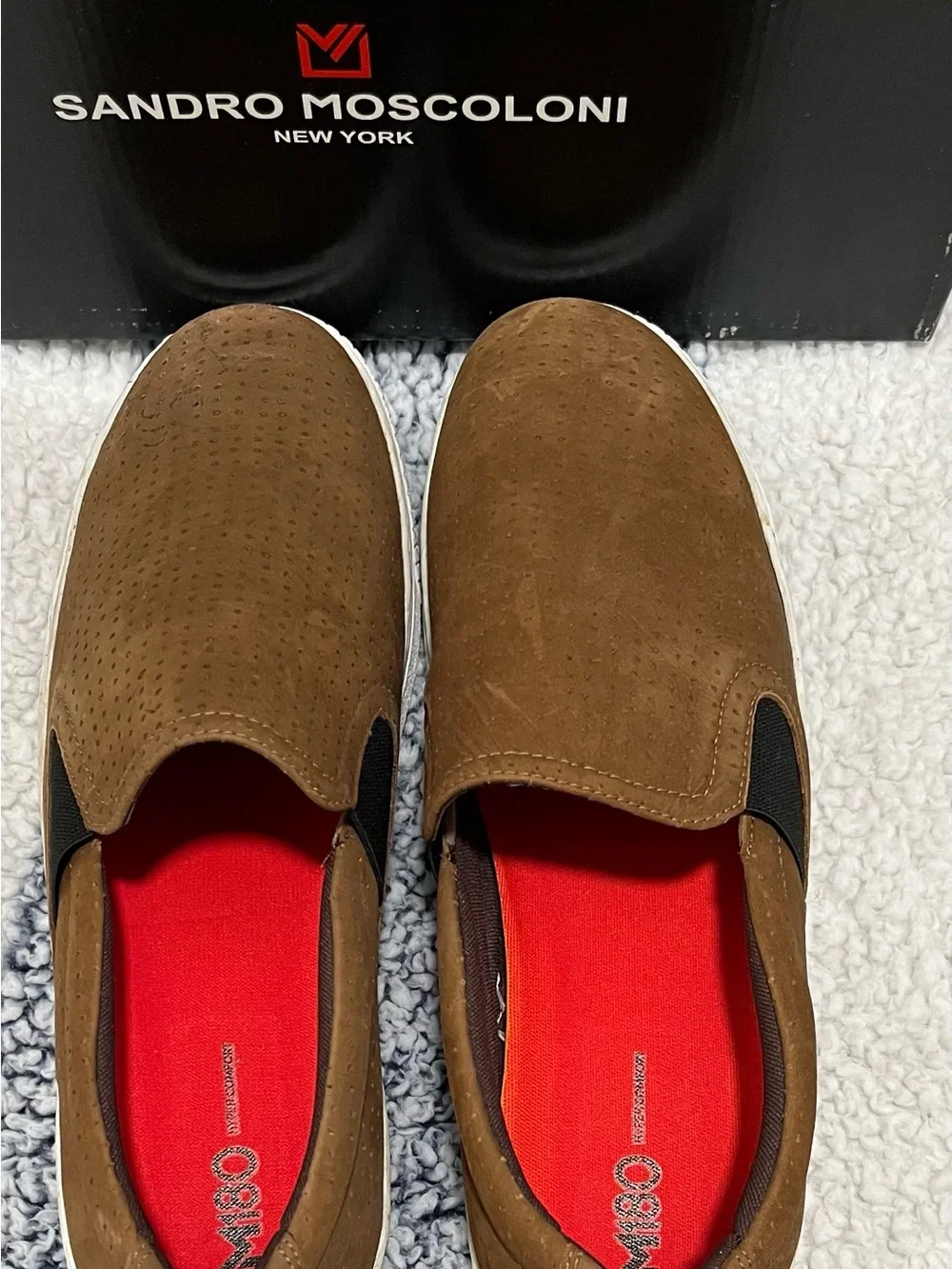 Sandro Moscoloni Brown Suede Slip-On Loafers with Red Insole